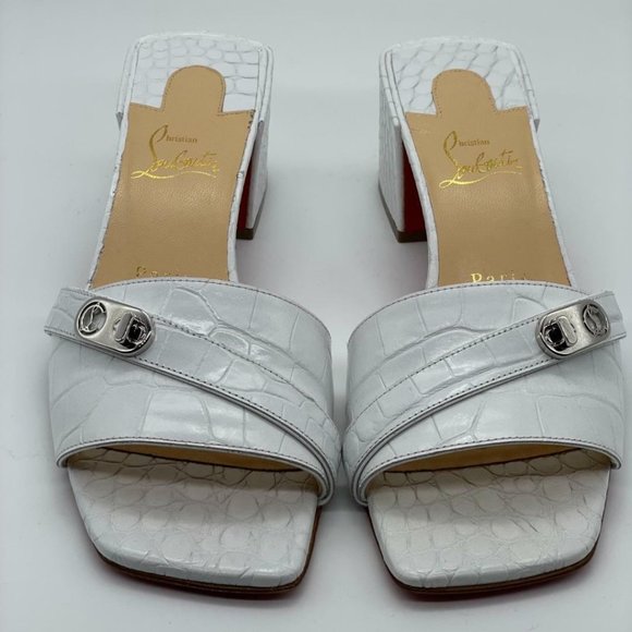 Christian Louboutin LOCK ART 55 Croc Leather Mule Sandals Block Heel Shoes - Picture 8 of 12